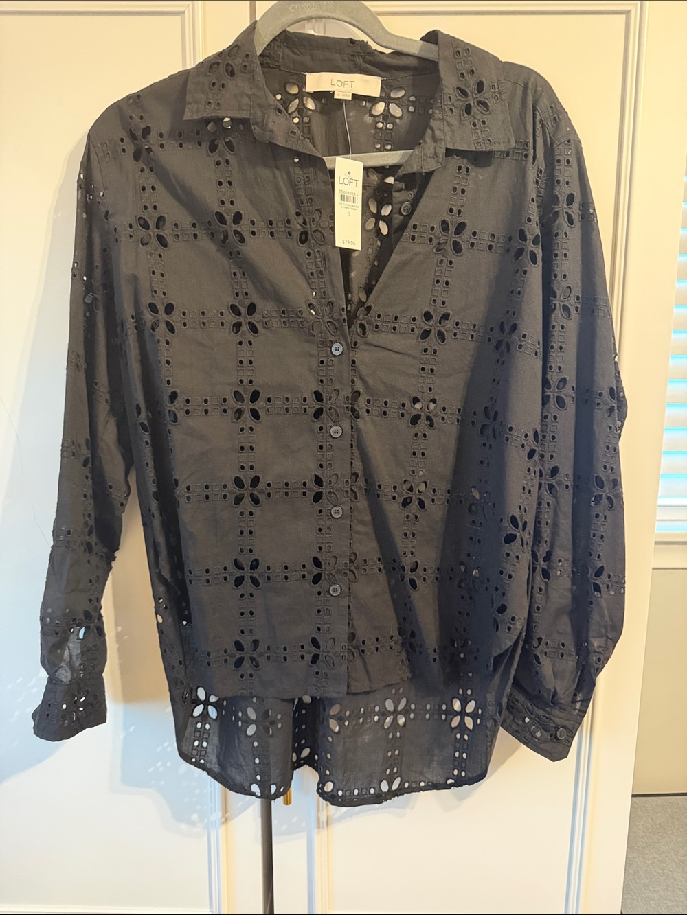 LOFT Black Eyelet Button-Front Blouse- NWT